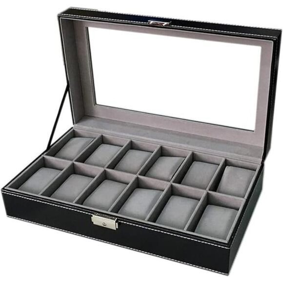 Mens Watch Display Case Black Leather Organizer with Glass Top Holds 12 Watches - Picture 2 of 2